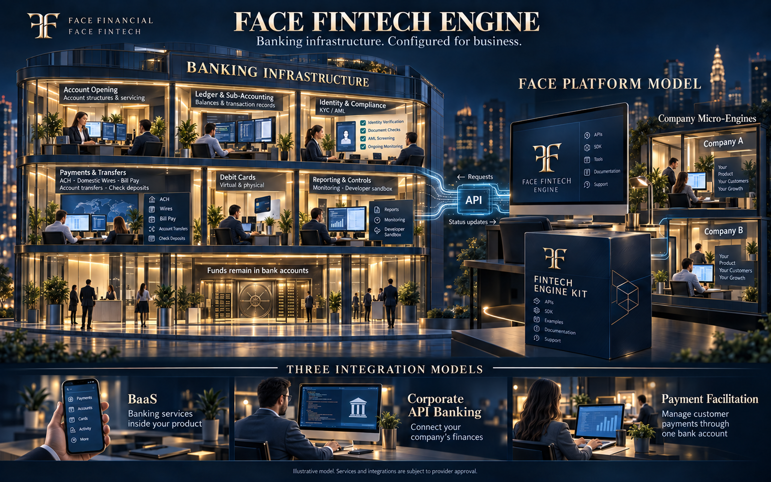 Banking infrastructure connects through APIs to Face Fintech Engine and the Fintech Engine Kit for company Micro-Engines. Accounts, ledger, identity checks, payments, debit cards and reporting are shown with three integration models.